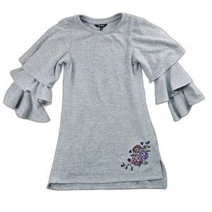 Obsess Sweater Dress with Ruffled Sleeves & Floral Embroidery Gray Girls Size Sm